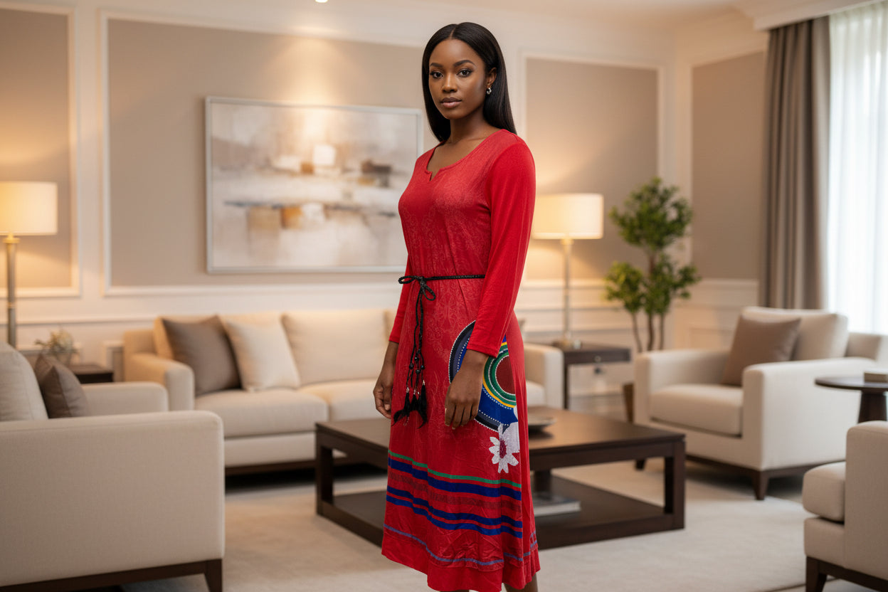 Red dress with colorful patterns on a mannequin against a white background