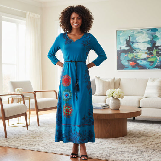 Blue dress with intricate red and green patterns on a mannequin against a white background