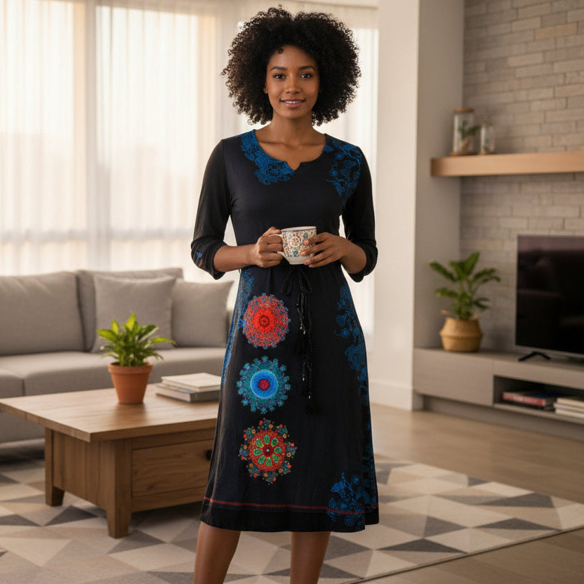 Black dress with colorful floral patterns on a mannequin against a white background