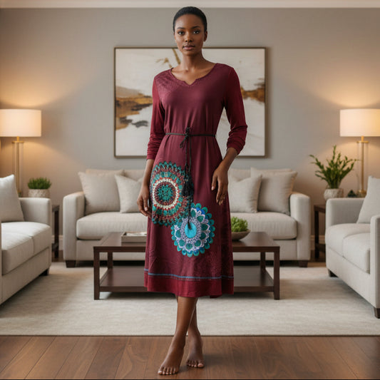 Red dress with intricate patterns on a mannequin against a white background