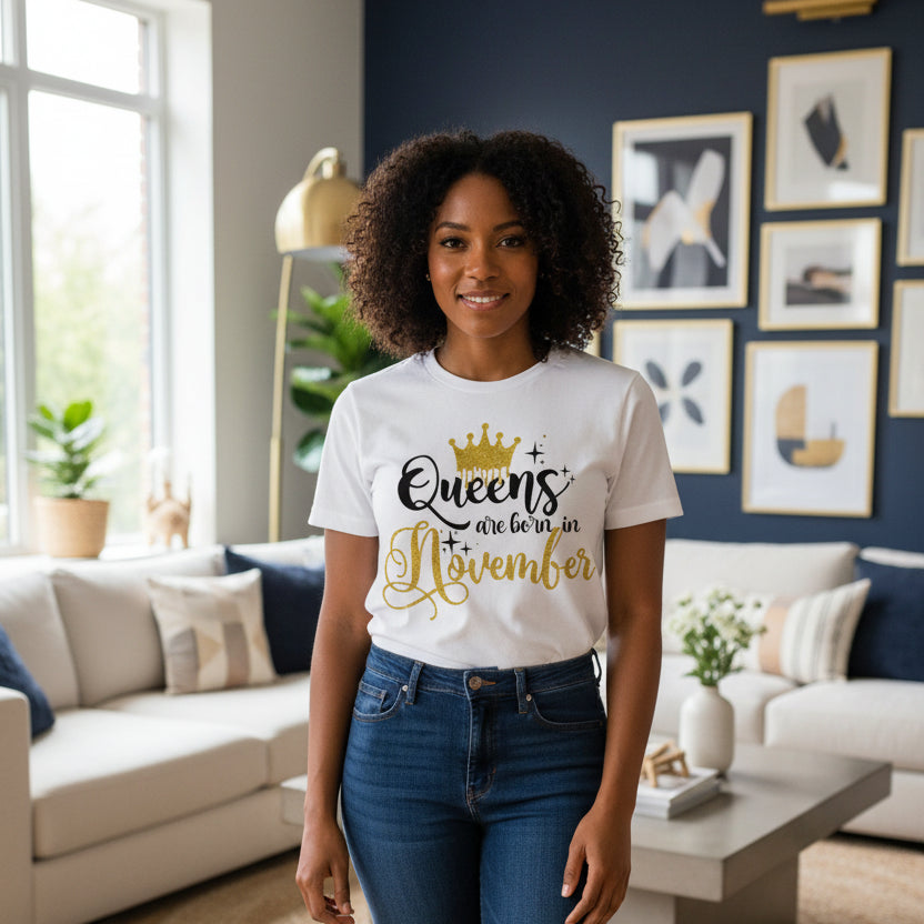 White t-shirt with 'Queens are born in November' text and gold crown graphic on a white background.