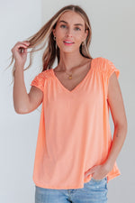 Load image into Gallery viewer, Ruched Cap Sleeve Top in Neon Orange
