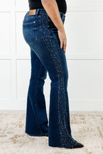 Load image into Gallery viewer, Shannon Mid Rise Rhinestone Detail Flare Jeans
