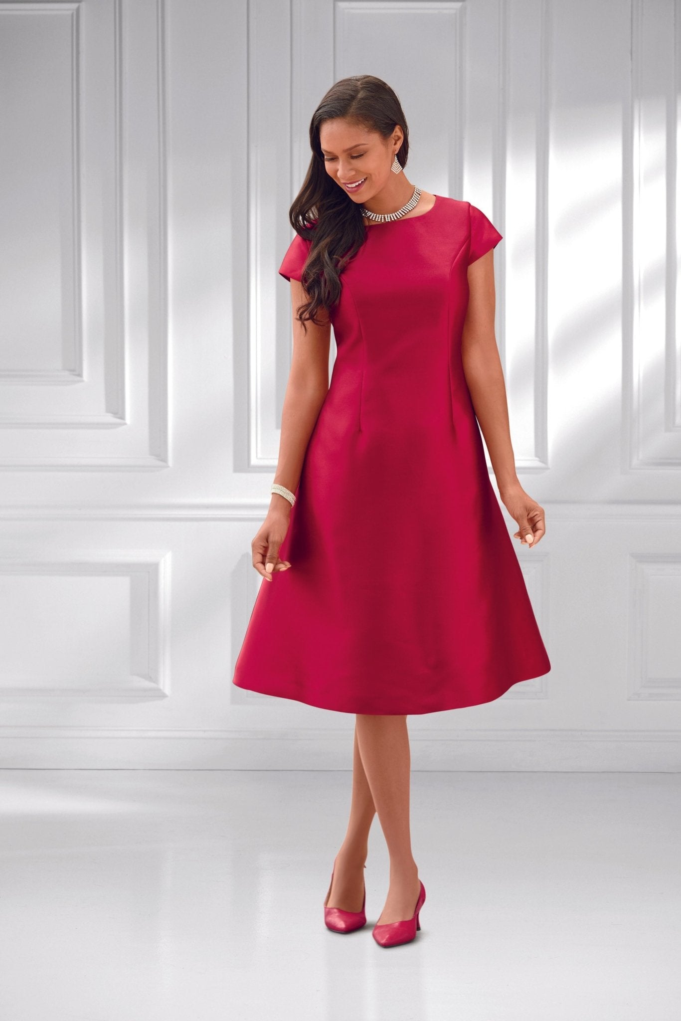 EY Signature Red Jacket Dress - Full Length View with Premium Construction
