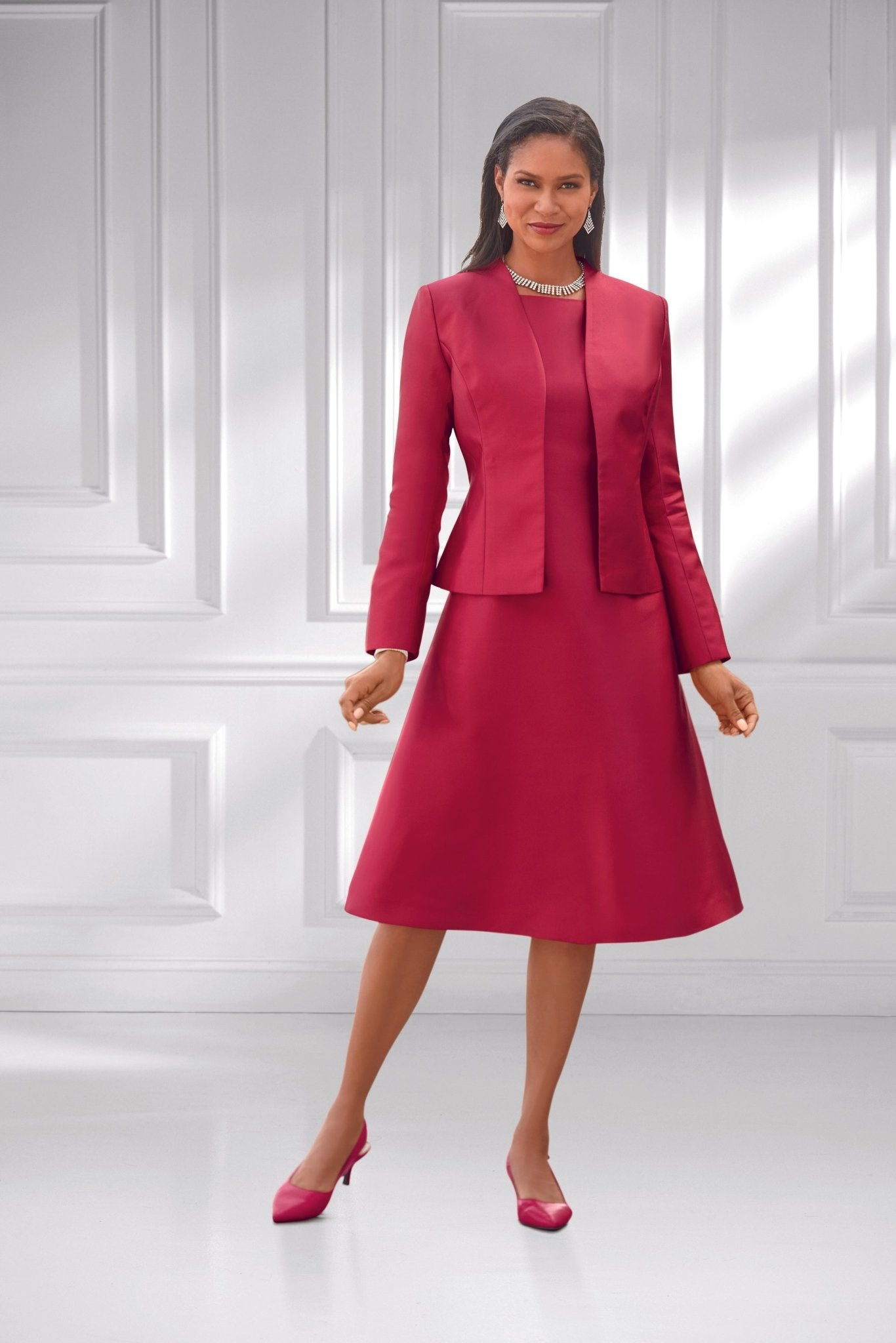 Red Jacket Dress Detail - Close-up of Luxurious Fabric and Finishing
