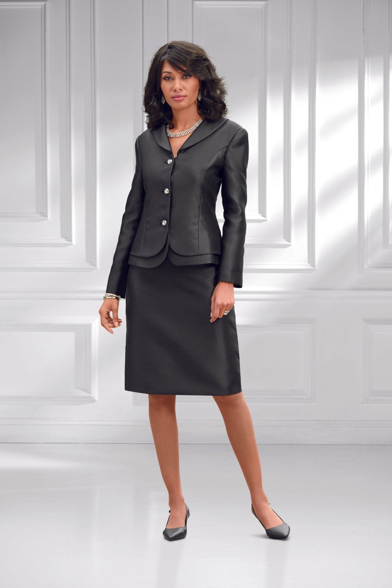 Black Skirt Suit by EY Signature - Shawl Collar and Princess Seam Tailoring
