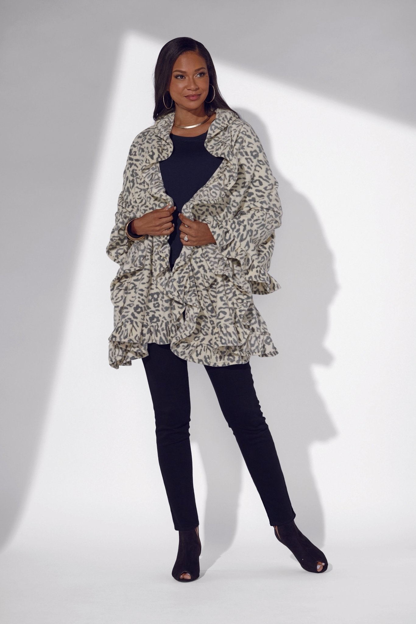 Wrapped in Ruffles Shawl in Snow Leopard