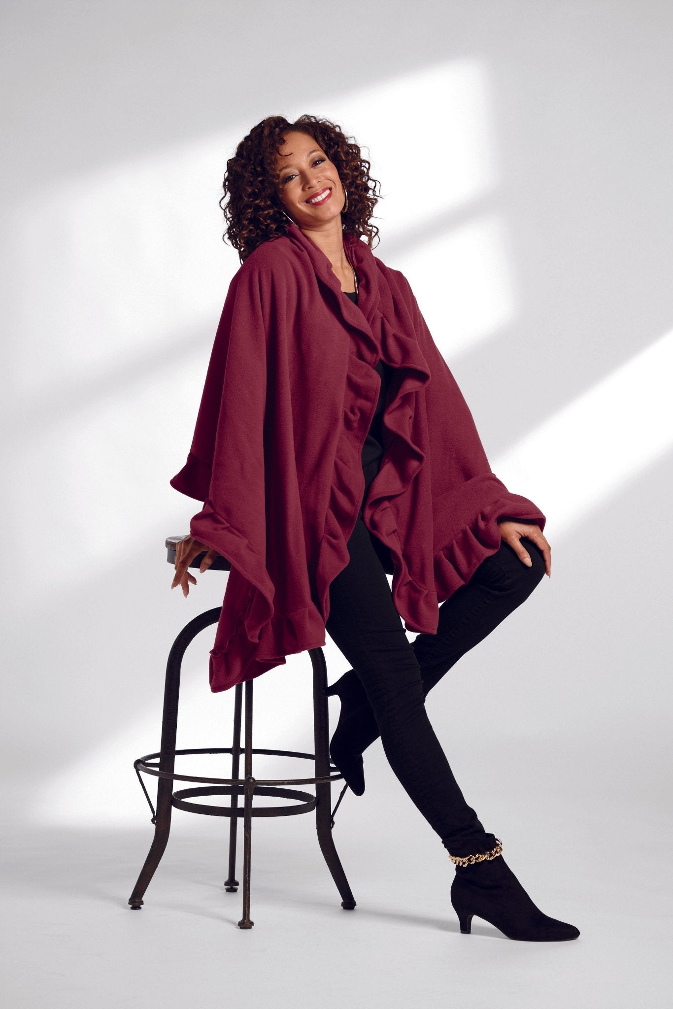 Wrapped in Ruffles Shawl in Wine