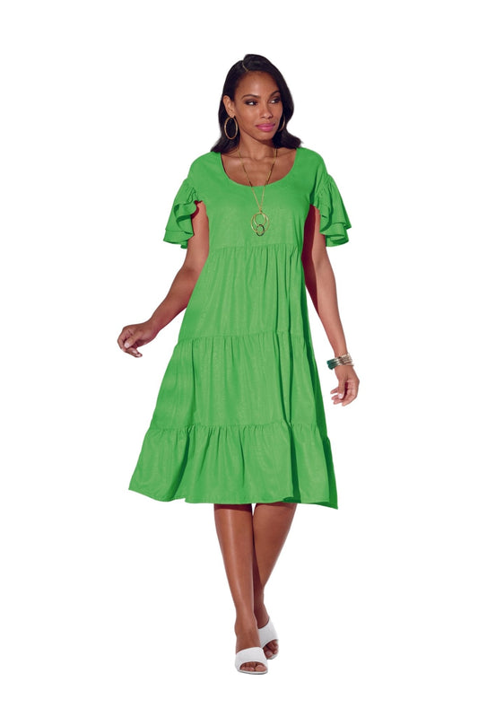 Triple Tiered Apple Green Dress by Studio EY - Flowy Flutter Sleeve Silhouette
