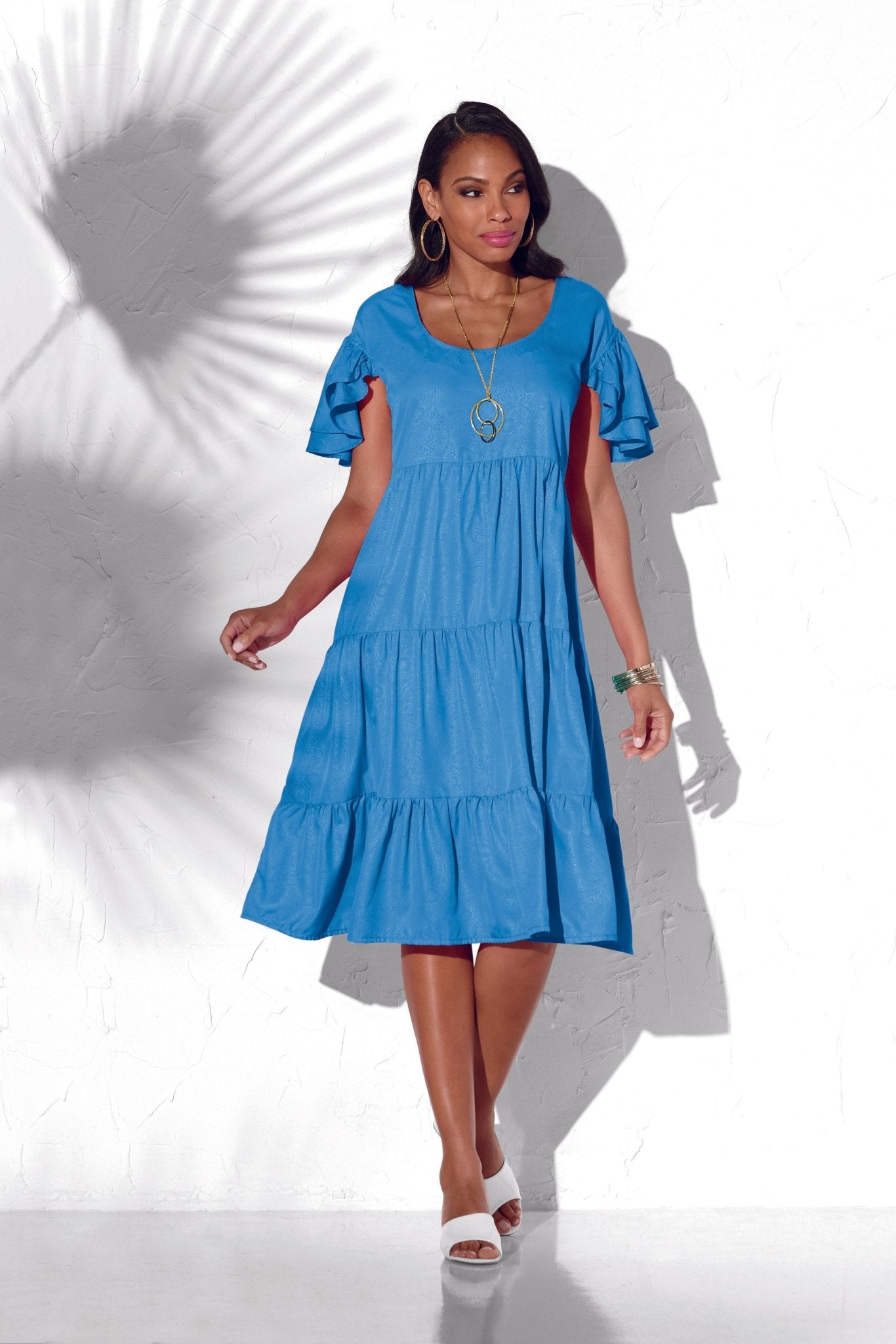 Caribbean Blue Tiered Dress - Romantic Flutter Cap Sleeves
