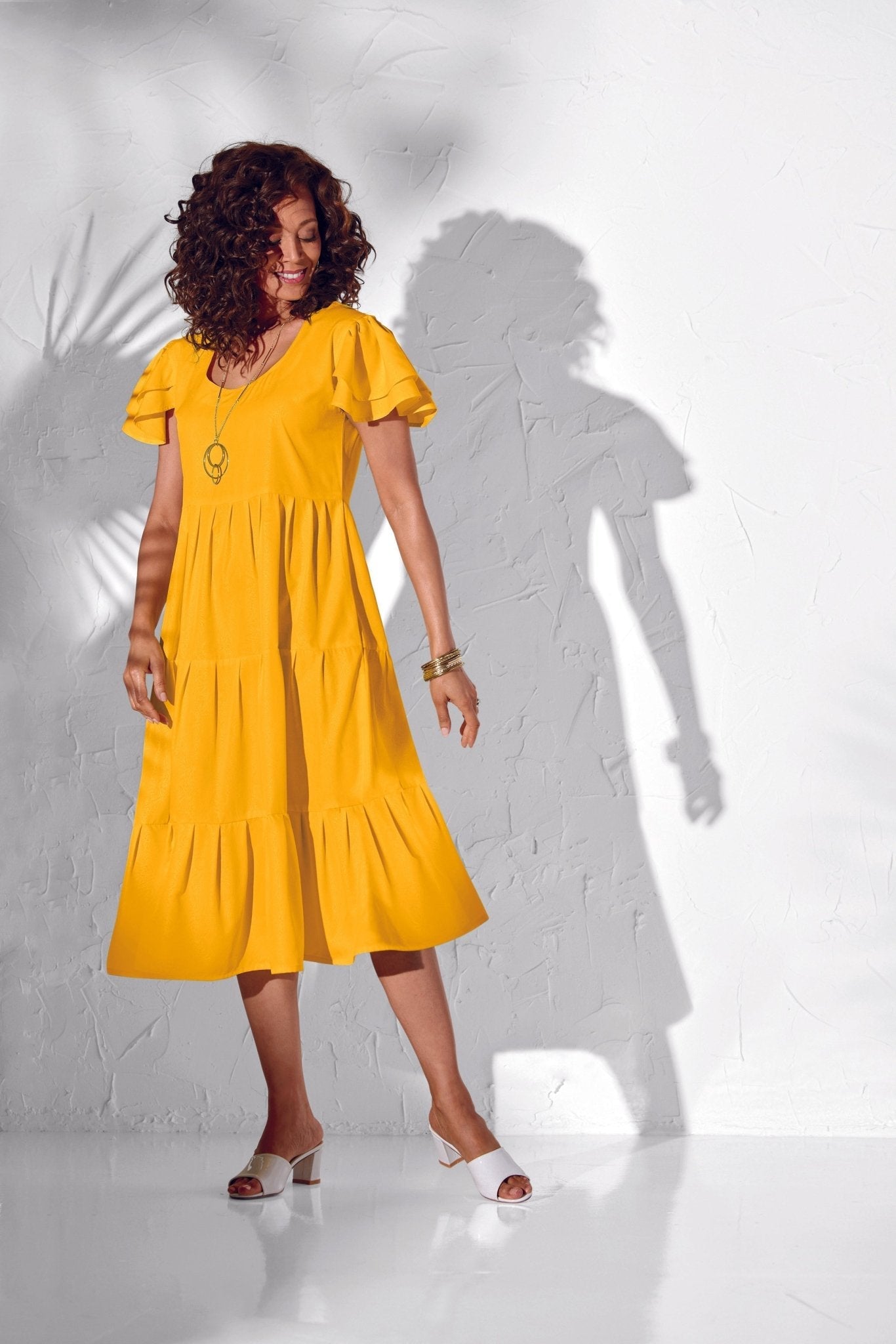 Golden Glow Tiered Dress by Studio EY - Elegant Gathered Seaming
