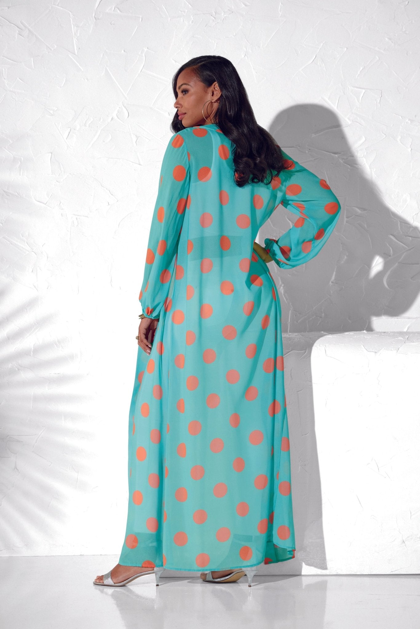 Sheerly Dotted Jacket in Aqua/Orange - Detail view of sheer dotted duster