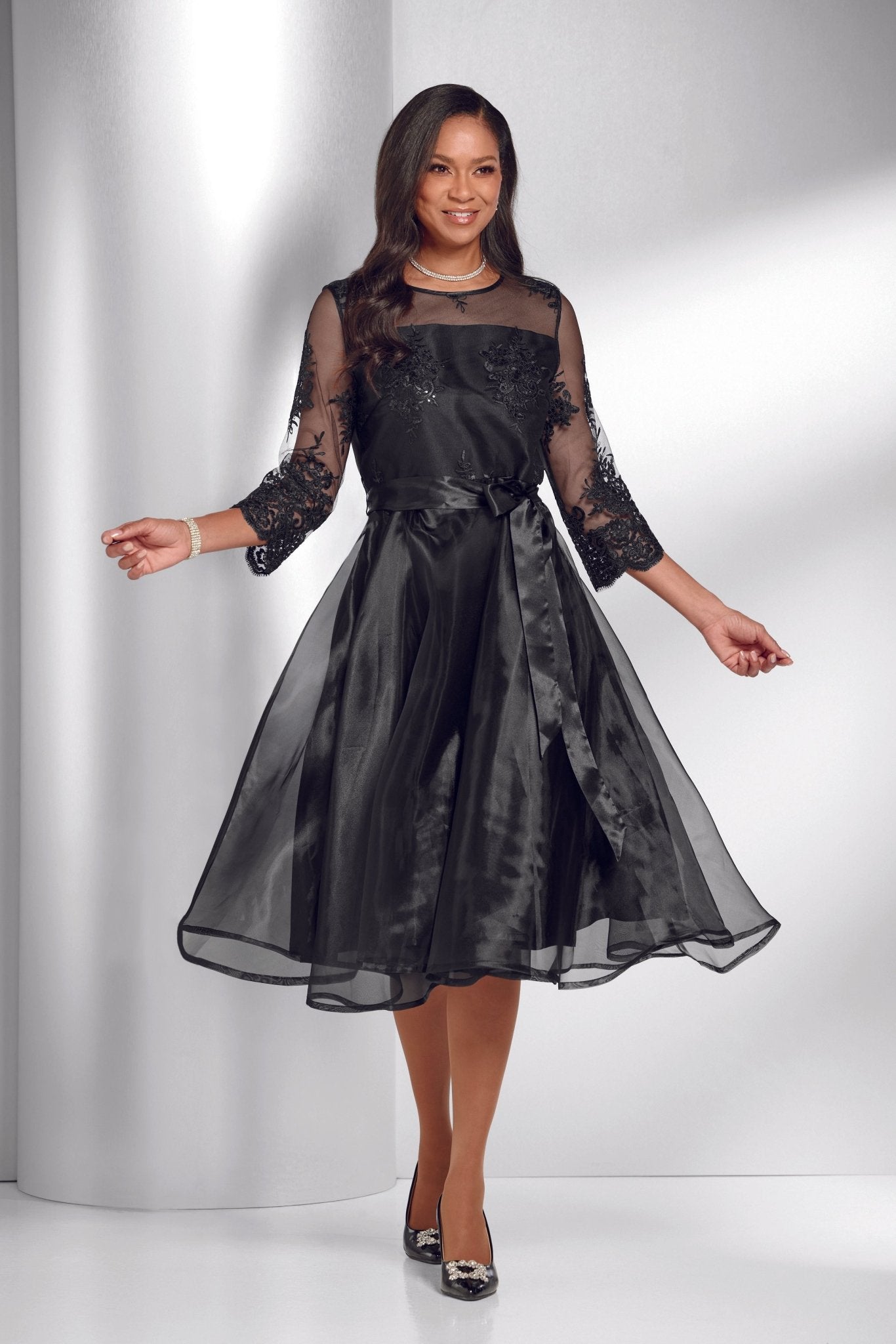 Black Organza Dress - Timeless Sophistication with Self-Sash
