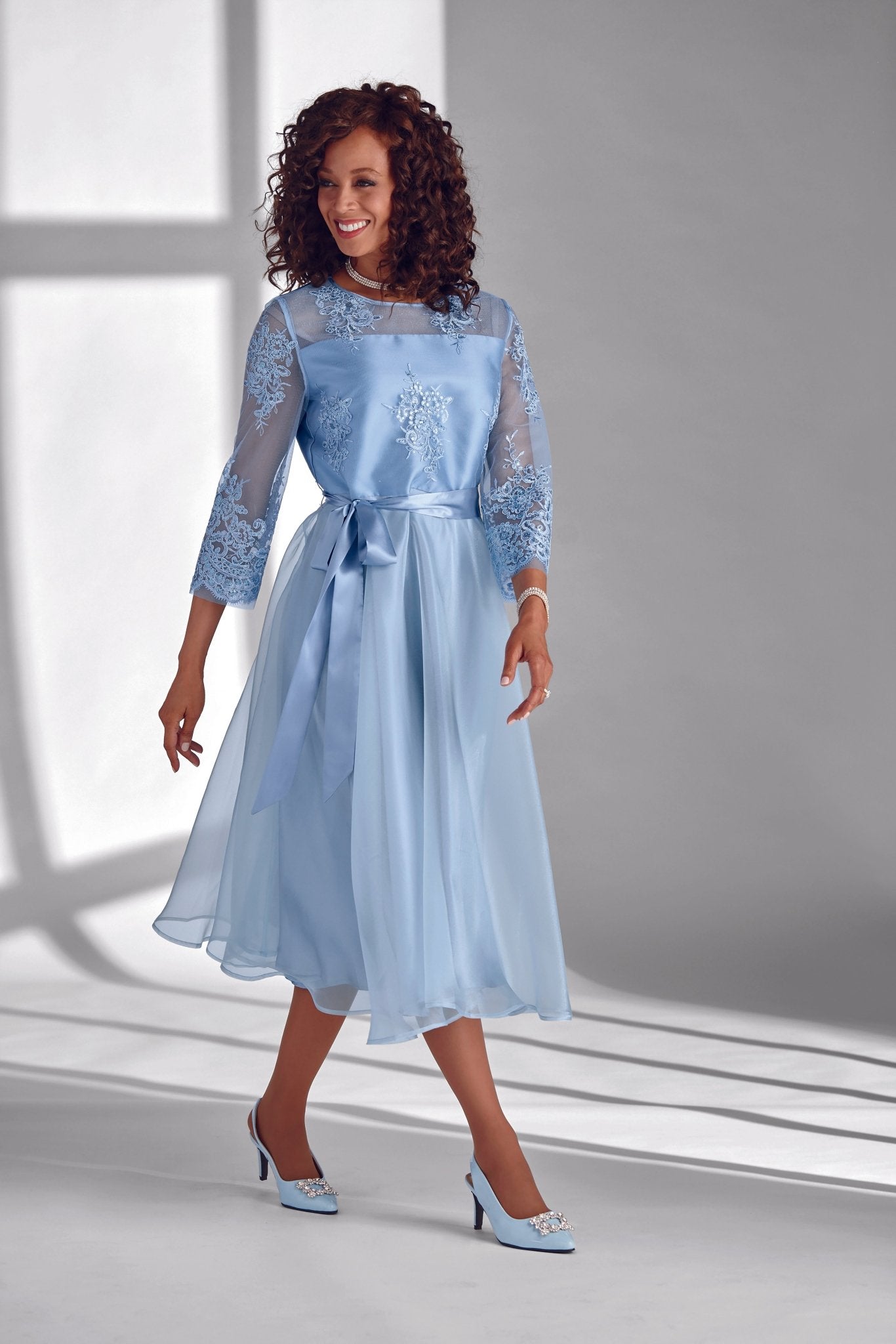Ice Blue Organza Dress - Flowing Silhouette Detail
