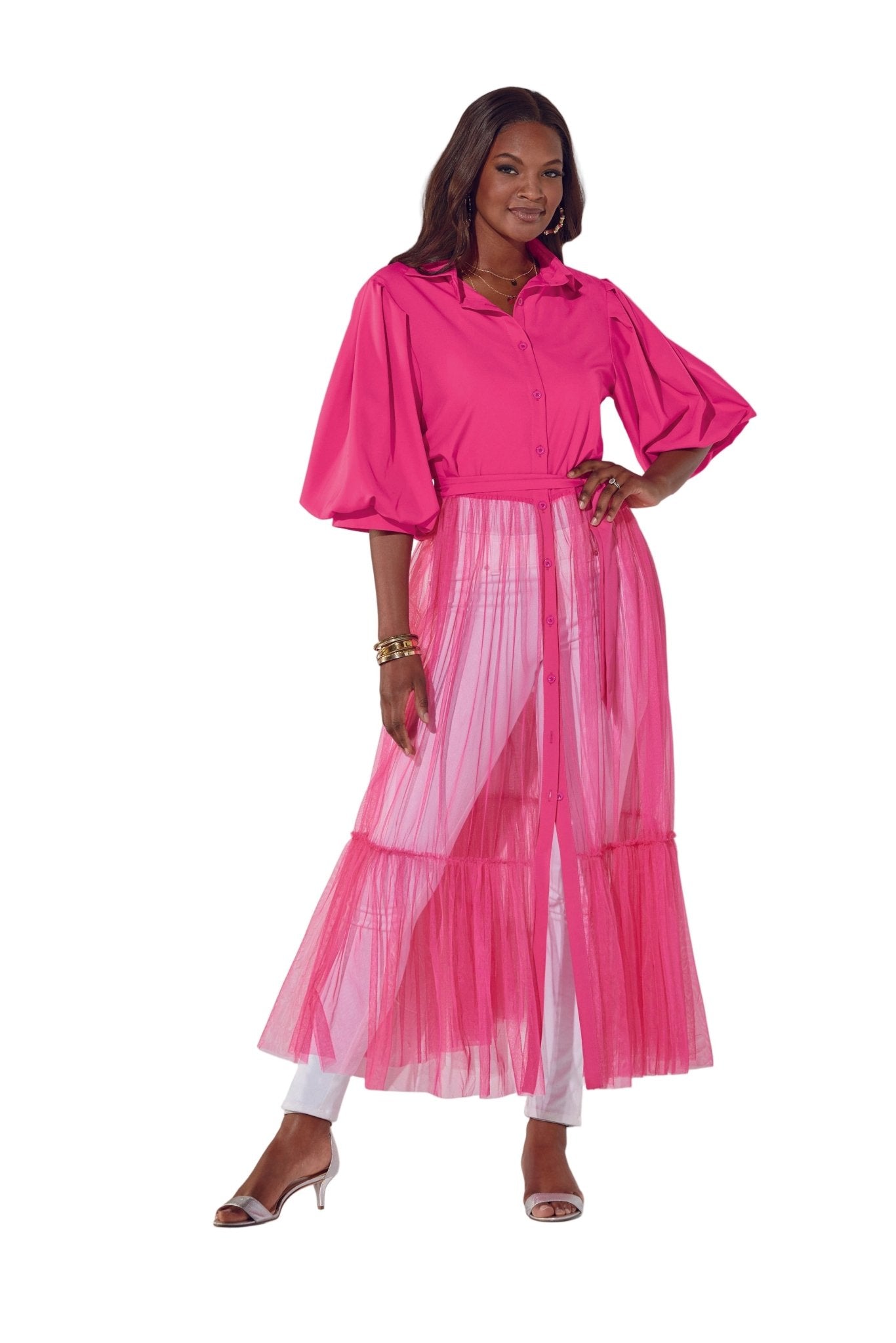 Hot Pink Tulle Top by Studio EY - Front View with Dramatic Sheer Maxi Skirt and Puff Sleeves
