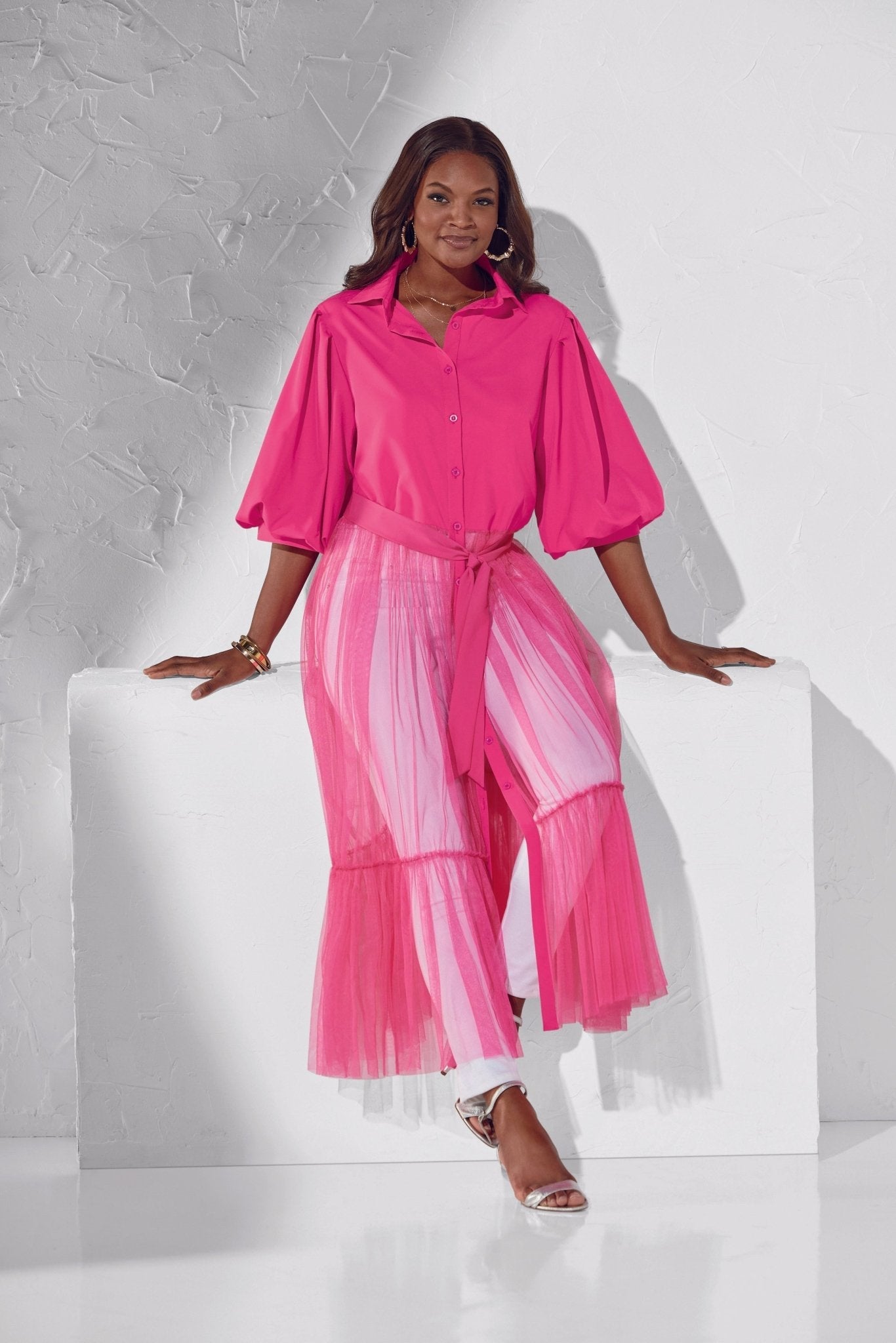 Touched with Tulle Top - Hot Pink Sheer Overlay Detail with Button Front and Self-Sash
