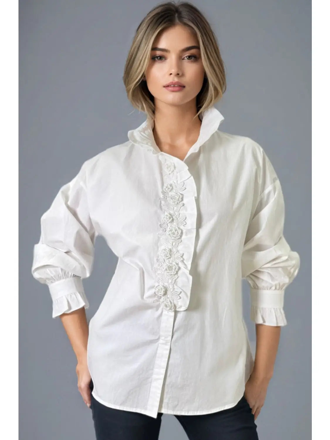 White Beaded Lace Button-Front Blouse
