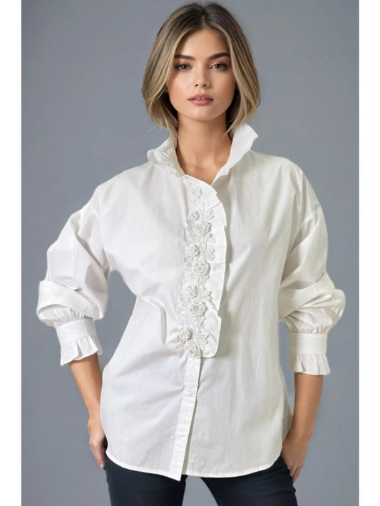 White Beaded Lace Button-Front Blouse