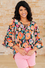 Load image into Gallery viewer, Willow Bell Sleeve Top in Black and Persimmon Floral
