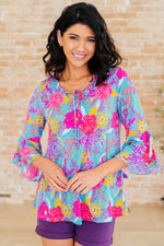 Load image into Gallery viewer, Willow Bell Sleeve Top in Bright Blue Floral
