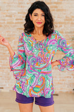 Load image into Gallery viewer, Willow Bell Sleeve Top in Lavender Mint Paisley
