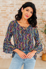 Load image into Gallery viewer, Willow Bell Sleeve Top in Navy Rainbow Rope
