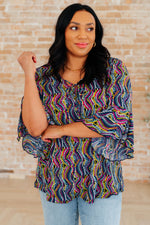 Load image into Gallery viewer, Willow Bell Sleeve Top in Navy Rainbow Rope
