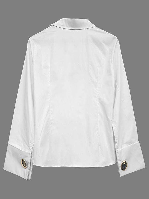 Solid Lapel Button-Down Blouse | Long Sleeve Loose Fit