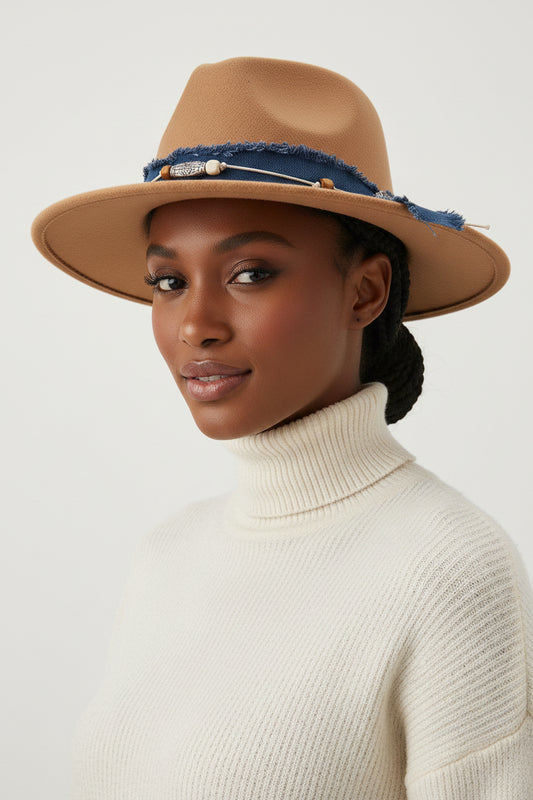 Women's Denim Blue Fabric Band Panama Hat