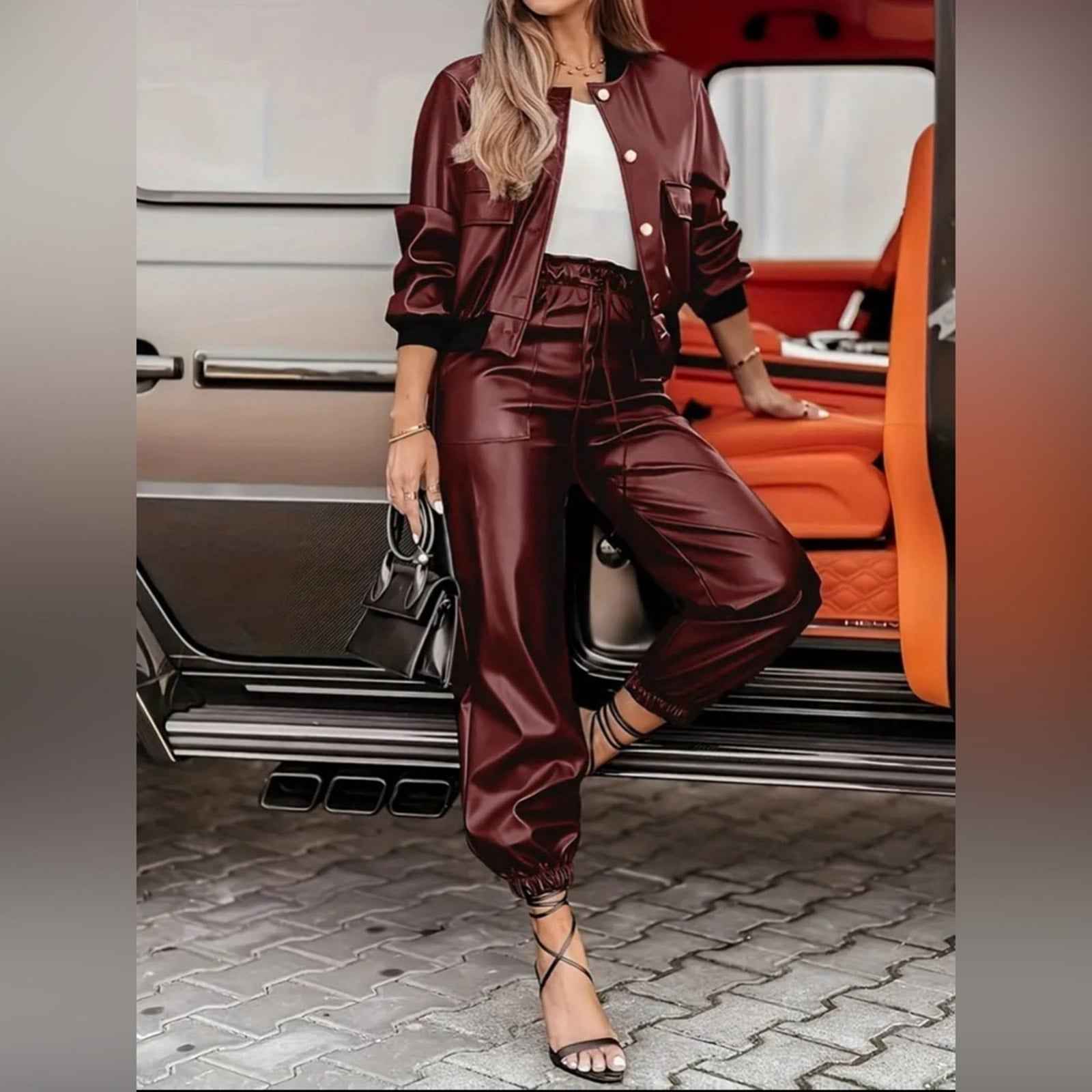 Women's Casual Suit with Pocket Design Workwear Style PUPU Leather Jacket Set