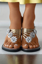 Load image into Gallery viewer, Gold Casual Rhinestone Flower Strappy Flip Flops
