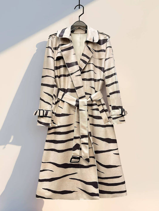 CT184Y Elegant Printed Belted Lapel Trench Coat for Women