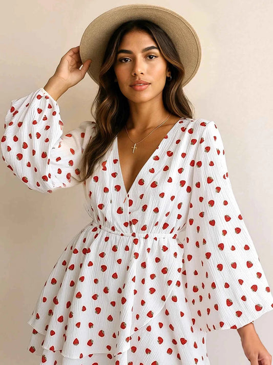 Strawberry Print Long Sleeve Mini Dress