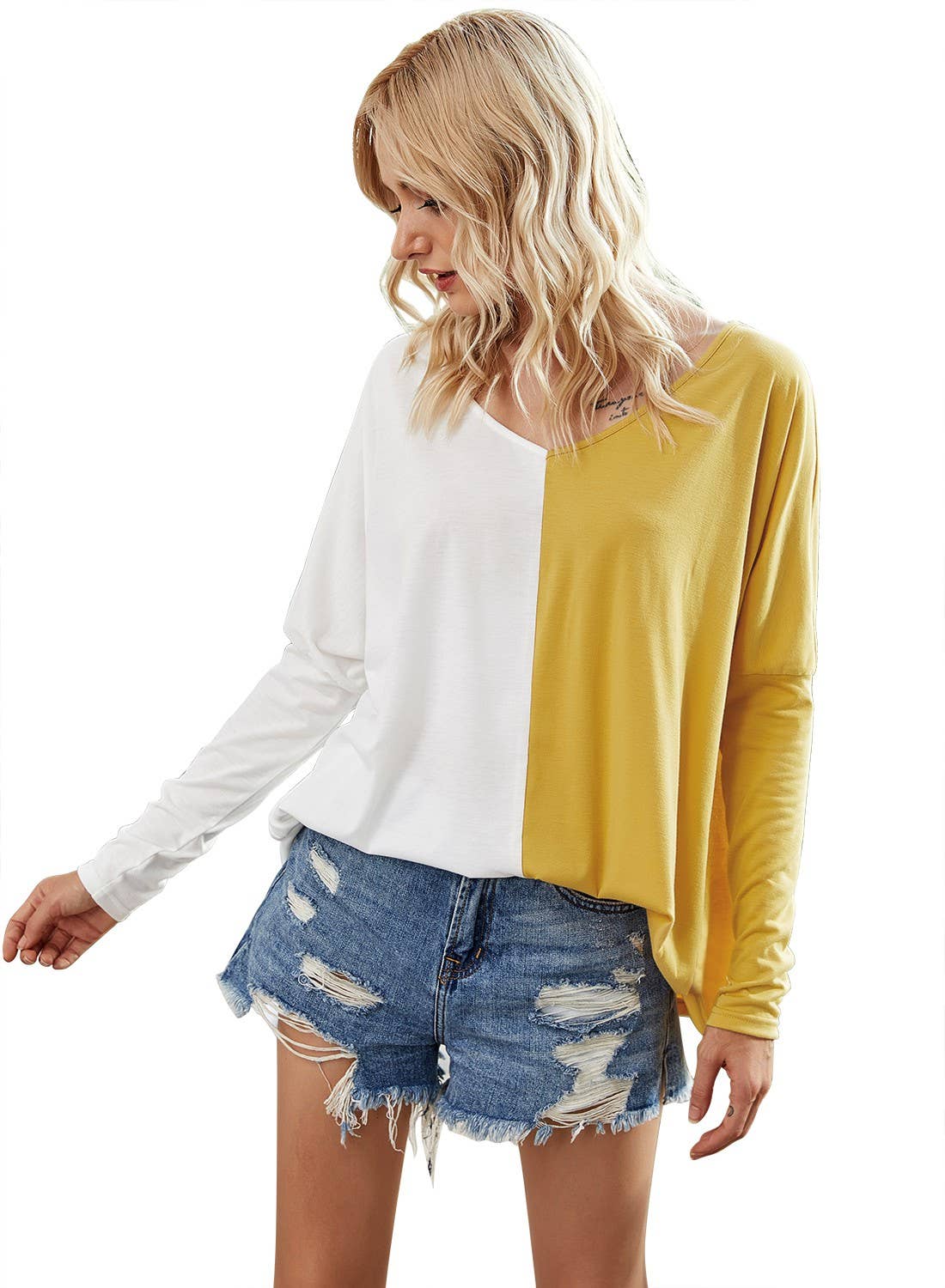 V Neck Color Block Drop Shoulder Shirt