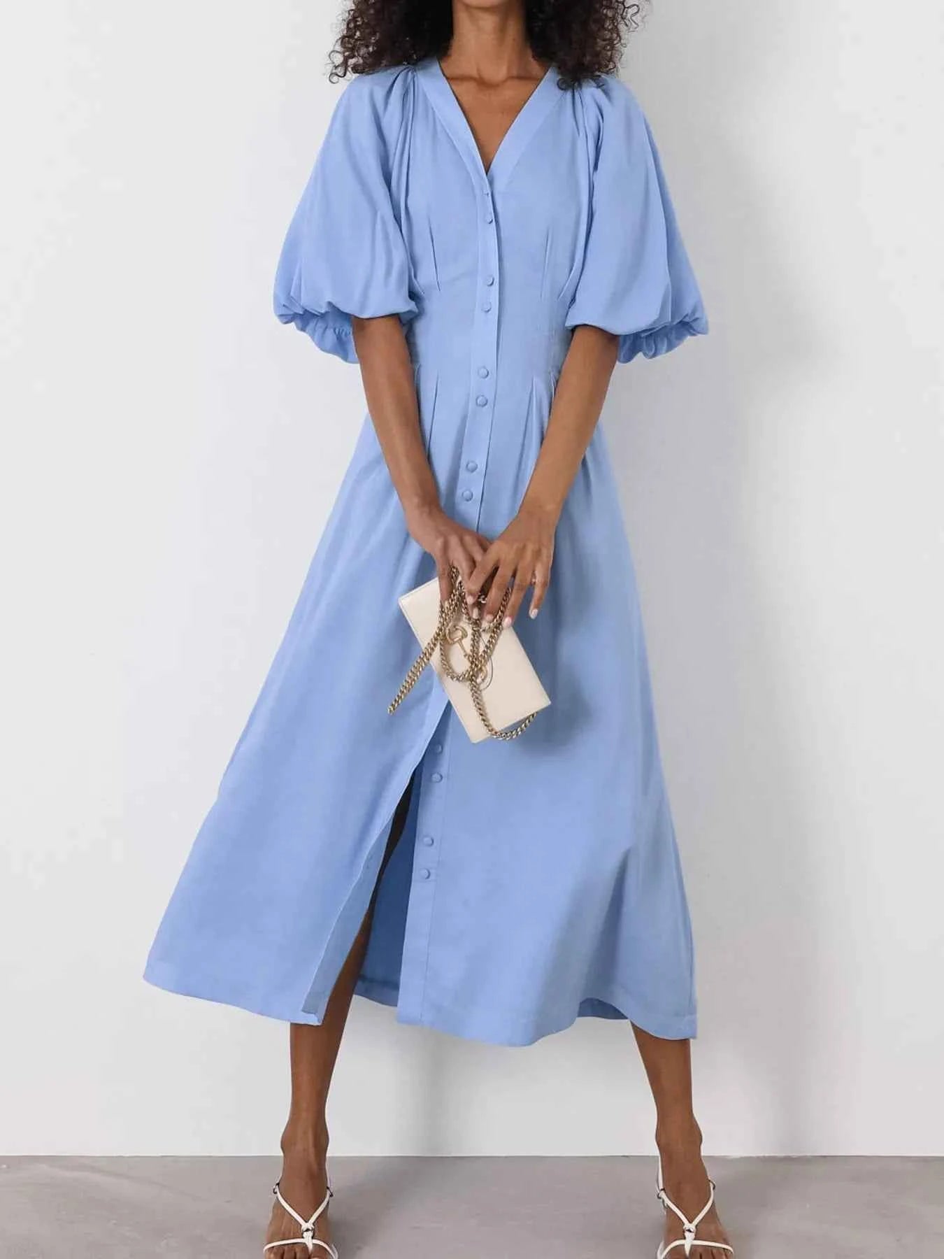 Puff Sleeve Button-Front Midi Dress