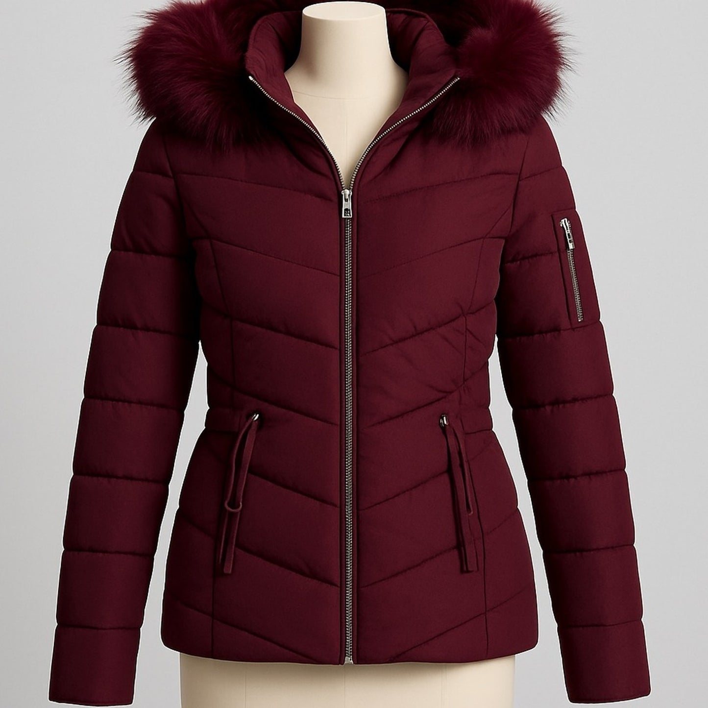 Maroon puffer jacket with fur hood on a mannequin against a gray background