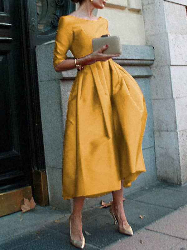 A-Line Loose Pleated Pockets Solid Color Split-Joint Round-Neck Midi Dresses