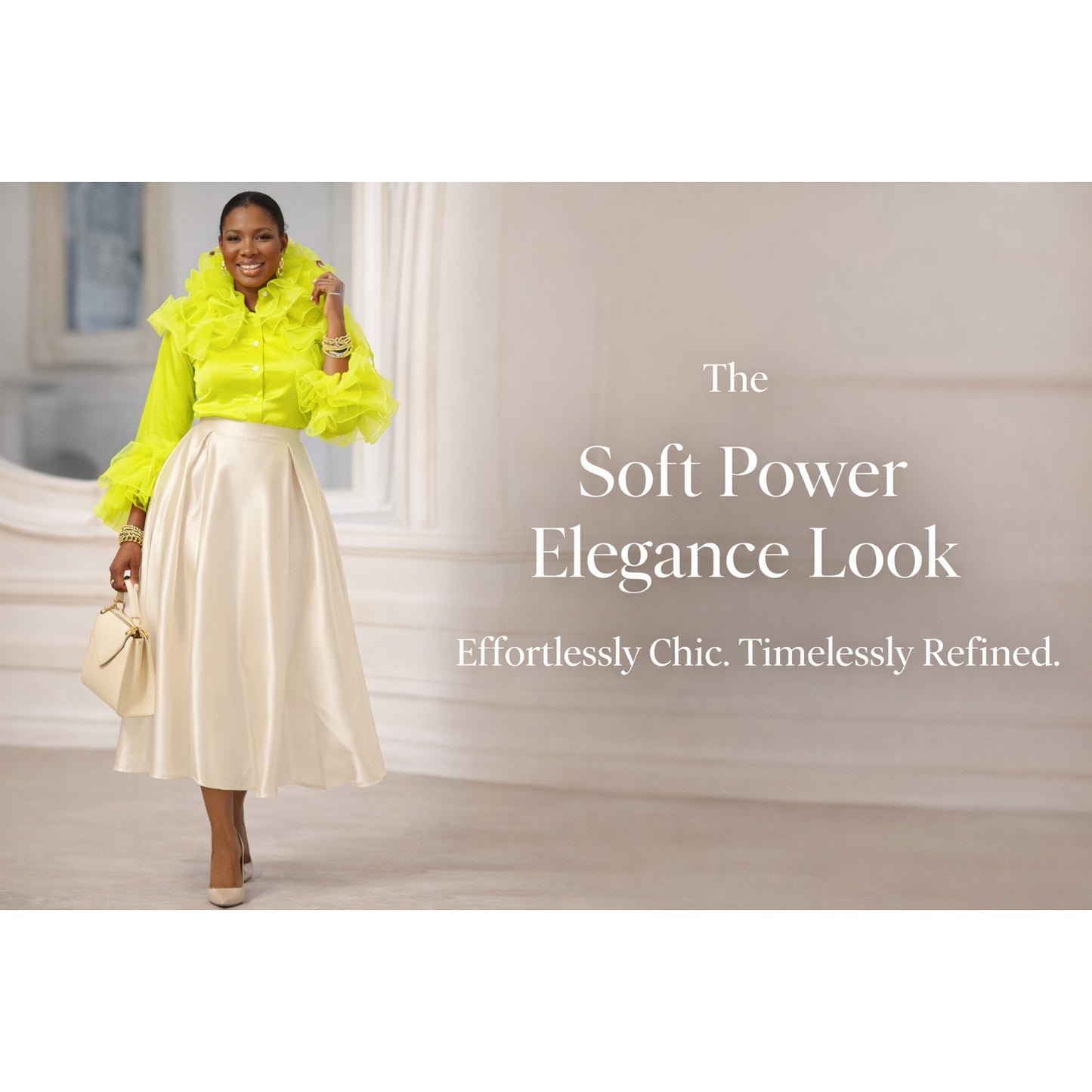 Woman in a bright yellow jacket and white skirt walking indoors with text about 'The Soft Power Elegance Look'.