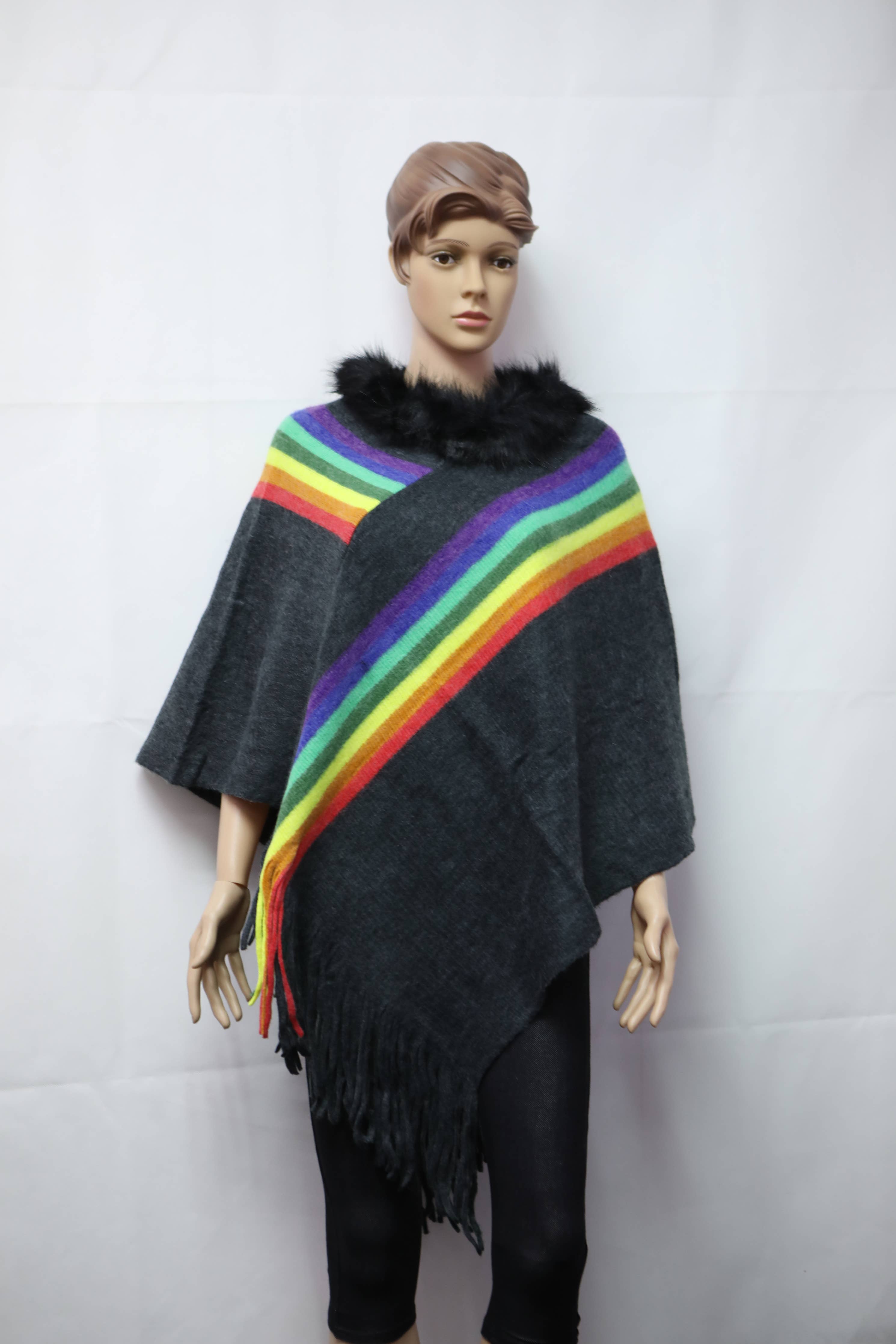 KNIT STRIPES WITH FUR TRIM PONCHO