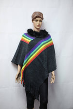 Load image into Gallery viewer, KNIT STRIPES WITH FUR TRIM PONCHO
