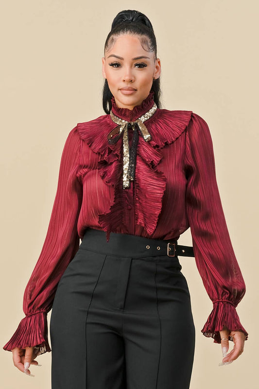 Elegant Burgundy Ruffled Sequins Bow Tie Blouse Top S-L