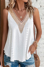 Load image into Gallery viewer, White Lace Crochet Splicing Eyelet V Neck Tank Top

