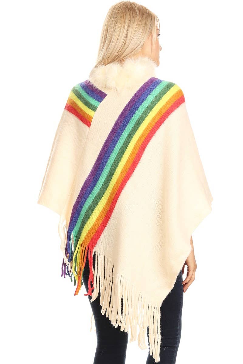 KNIT STRIPES WITH FUR TRIM PONCHO