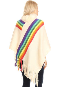 KNIT STRIPES WITH FUR TRIM PONCHO