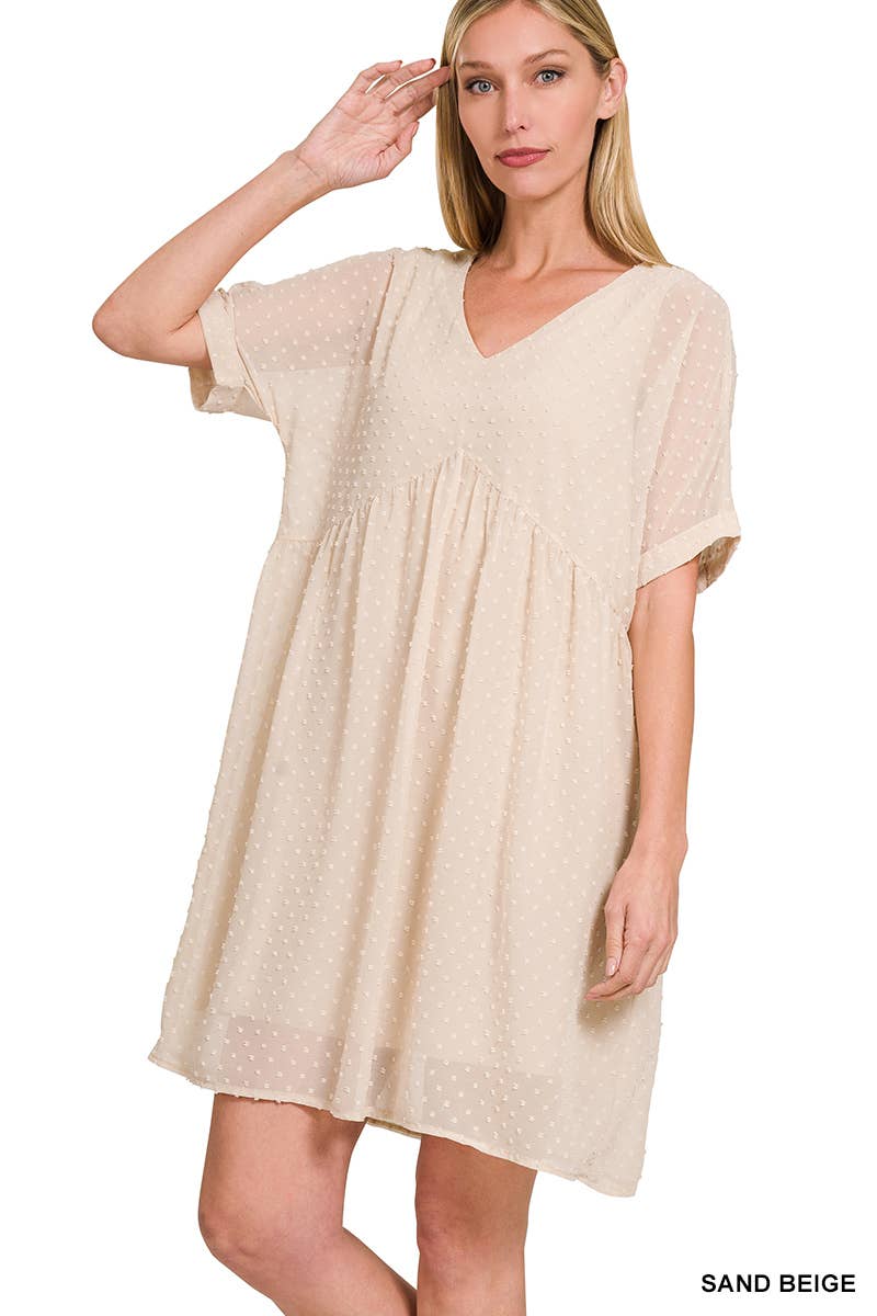 Swiss Dot Babydoll V Neck Dress