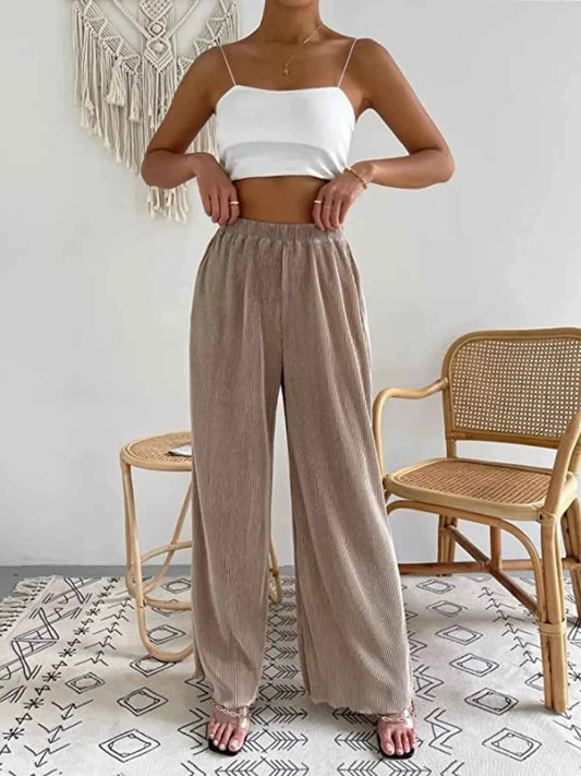 Full Size Elastic Waist Wide Leg Pants Plus Size