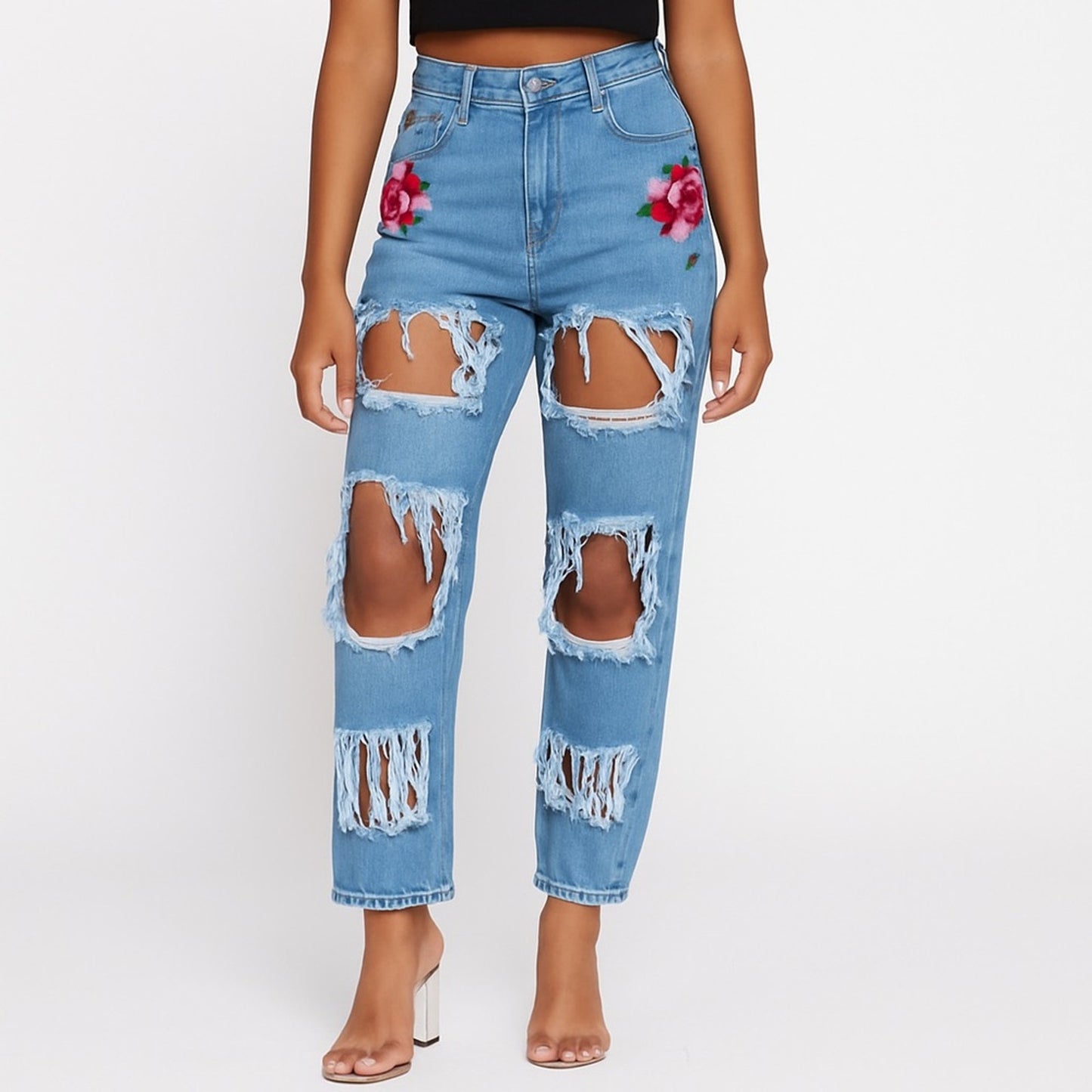 “Street Chic Rose Patch High-Waist Jeans (Size 8)”