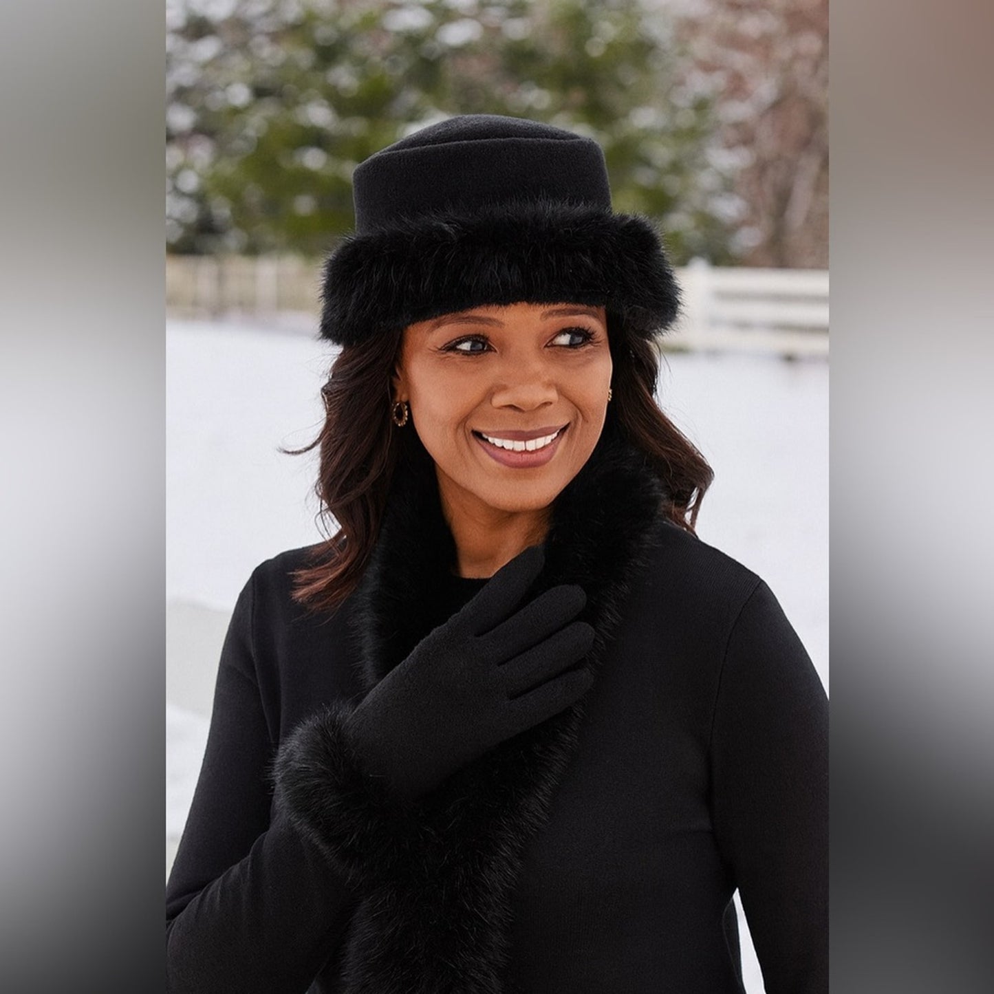 Elegant Churchwear Fleece Hat & Glove Set with Faux Fur Trim – Sunday Chic