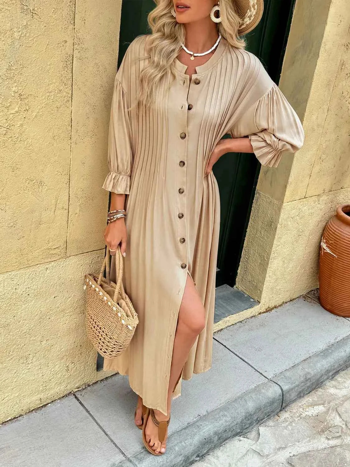Button Front Flounce Sleeve Dress