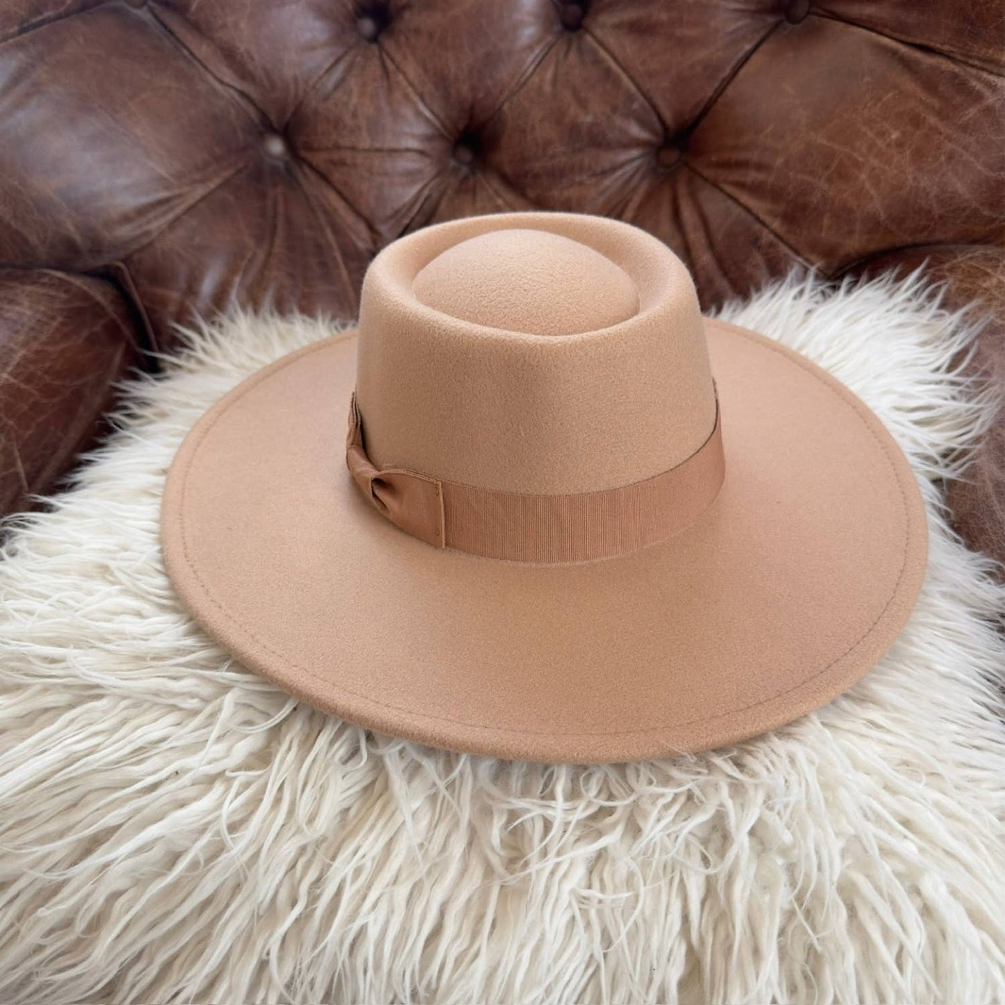 Wide Brim Boater Hat in Faux Felt - Structured Hat with Ribbon